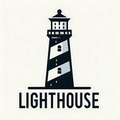 Wall Mural - A clean, bold logo with a geometrically simplified lighthouse. The lighthouse has a thick, sturdy tower and a beacon. The design is in black and white, with a subtle retro influence. 