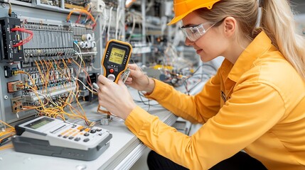 Poster - Portrait of a confident and skilled female electrical engineer using a specialized multimeter and voltmeter to diagnose and inspect an electrical circuit in a warm natural sunlight setting