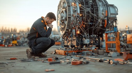 Poster - Thoughtful Mechanical Engineer Kneeling Beside Large Industrial Motor Tools Laid Out in Warm Golden Hour Lighting of Rugged Functional Workspace