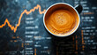 © Анна Терелюк - A cup of coffee sits on a table with a graph of numbers. The coffee is hot and steaming, and the graph appears to be a representation of financial data. Concept of focus and concentration