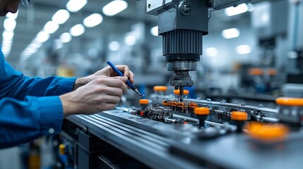 Poster - Close up view showcasing the skilled dexterity and precision of a mechanical engineer s hands as they troubleshoot and repair a malfunctioning machine on a bustling production line