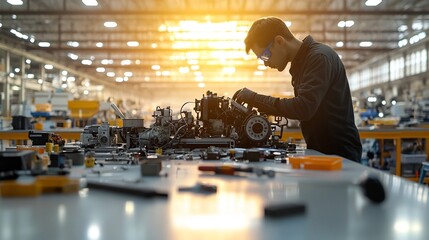 Fototapete - Silhouette of a mechanical engineer deeply focused on repairing a complex engine