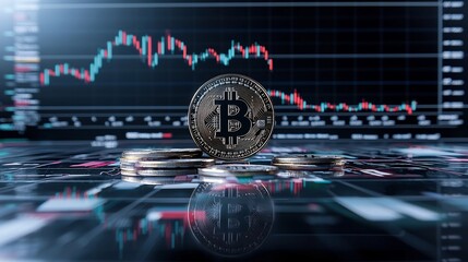 Leinwandbilder - Elegant Bitcoin Chart Elevated by the Dramatic Directional Lighting of Golden Hour with Natural Shadows Accentuating the Data s Contours in a Captivating Cinematic Style Reminiscent of Film Noir