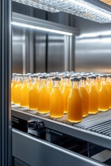 Canvas Print - Fresh orange juice bottles lined up on shelves in a modern refrigeration unit