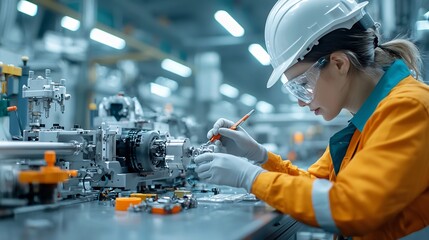 Poster - Intense close up showcasing the skilled dexterity of a mechanical engineer s hands as they troubleshoot and repair a malfunctioning machine on a bustling production line