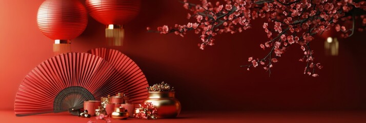 Chinese New Year decorations with lanterns, fan, and cherry blossom on a red background