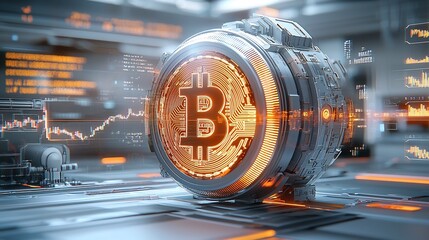 Poster - Glowing Bitcoin Price Prediction Model with Holographic Financial Data Visualization and Abstract Geometric Data Art  Influenced by Retrofuturistic Industrial Design