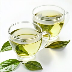 Canvas Print - Freshly brewed herbal tea in clear cups with green leaves on white background