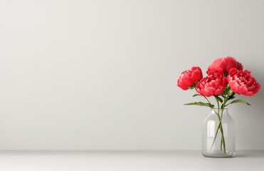 Canvas Print - Bright peonies in a clear vase on a minimalistic white table against a light background