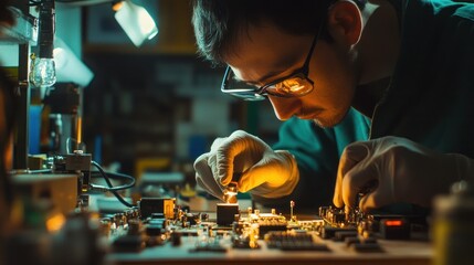 Poster - Technician Wearing Gloves Repairing a Circuit Board