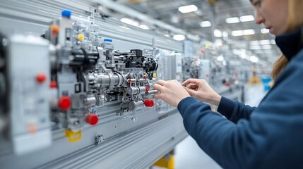 Poster - Detailed close up shot of an experienced factory worker intently inspecting the inner workings of a large industrial machine
