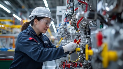 Aufkleber - Close up Portrait of a Focused Factory Engineer Closely Examining and Inspecting the of a Newly Assembled Piece of Industrial Machinery