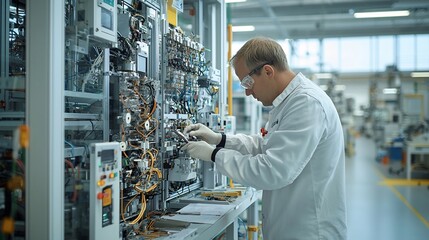 Poster - Industrial engineer meticulously examining the inner workings of a sophisticated factory machine with natural light filtering through windows and illuminating the intricate details and tools in focus