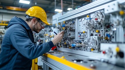 Poster - Skilled industrial technician intricately studying the inner mechanisms and precise engineering of complex manufacturing equipment in a factory workshop setting