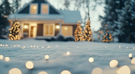 Poster - Cozy winter evening at a decorated house surrounded by snow and festive lights