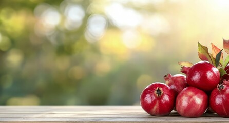 Sticker - Fresh pomegranates arranged on wooden table with blurred background in natural sunlight