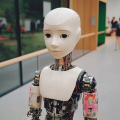 Poster - Close-up of a humanoid robot's head and torso, showcasing intricate mechanical details and a lifelike face.