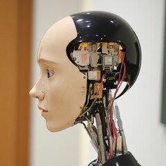 Poster - Close-up profile view of a humanoid robot's head, showcasing its intricate internal mechanics and realistic facial features.