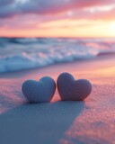romantic soft valentine love story emotion Hearts on sandy beach at sunset