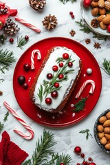 Wall Mural - Holiday dessert display featuring a festive cake and seasonal decorations at a winter gathering