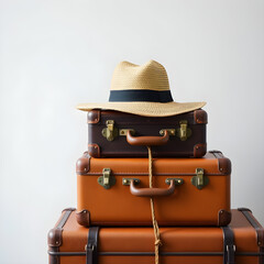 A stack of vintage suitcases tied together, with a straw hat resting on top. Generative AI