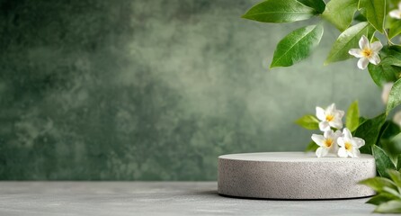 Canvas Print - Round stone platform surrounded by green leaves and white flowers in a bright, natural setting