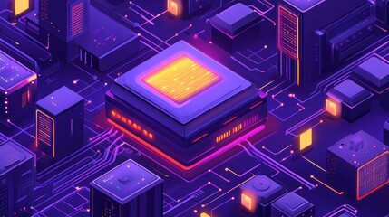 Poster - Abstract Digital Cityscape Neon Circuit Board Design