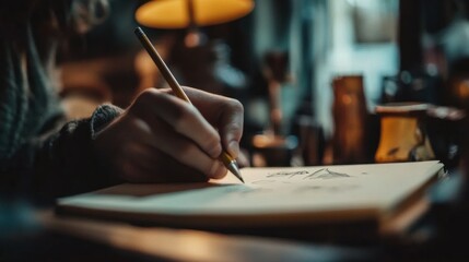 Aufkleber - Close-up of a hand sketching on a notepad in dim lighting