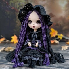 Nice halloween gothic girl witch doll crocheted made of yarn wool beautiful holiday picture handmade decor design art creative craft