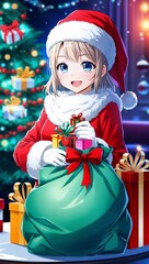 Wall Mural - Santa anime girl big bag of gifts cheerful expression