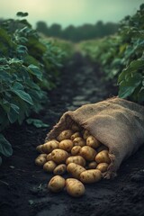 Canvas Print - Freshly harvested potatoes in a burlap sack on a farm field surrounded by green plants