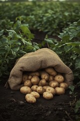 Canvas Print - Freshly harvested potatoes in a burlap sack on a farm field surrounded by green plants