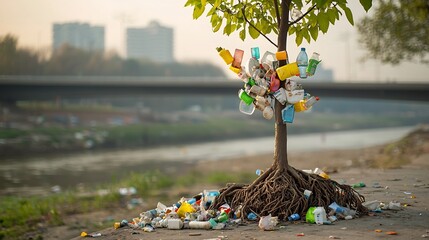 Poster - Plastic Waste Trapped in Tree Roots Along Riverbank Showcasing the Devastating Impact of Pollution on Plant and Animal Habitats