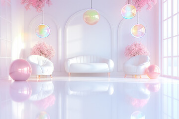 Poster - A serene indoor space showcases elegant furniture and artistic decor with soft pastel hues and vibrant accents