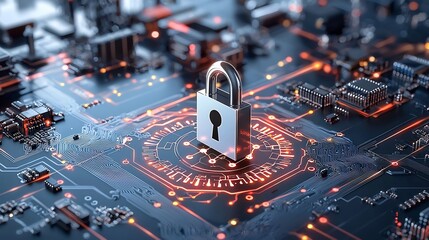 Poster - Quantum Cryptography Digital Lock Symbol Merging with Circuit Elements in Futuristic High Tech Digital Environment Representing Innovative Data Security and Encryption Concepts