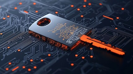 Fototapete - Abstract of a key shape with quantum bits and circuit patterns representing the concept of quantum safe encryption and advanced digital security technology
