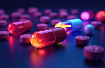Brightly colored capsules and pills are scattered on a dark surface, illuminated by glowing lights