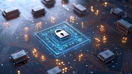 Leinwandbilder - High Tech Quantum Circuit Board with Data Lock Icons Representing the Complex Technology of Quantum Cryptography for Secure Digital Communication and Information Processing