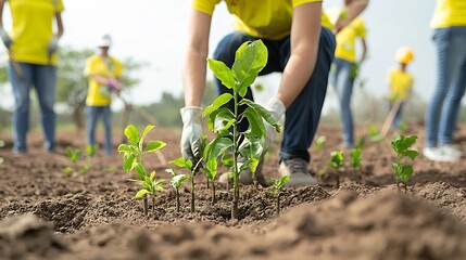 Leinwandbilder - Volunteers working together to plant new saplings in a deforested area showing their efforts towards forest and environmental conservation