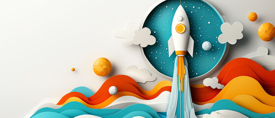 Poster - Rocket launching into space colorful abstract design digital art creative environment dynamic viewpoint innovation concept
