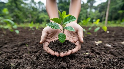 Leinwandbilder - Hands Holding a Small Tree Ready for Replanting in a Recovering Forest Area to Represent Efforts Towards Ecological and Reforestation
