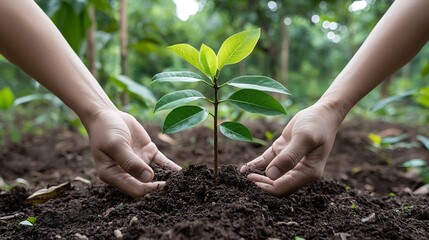 Leinwandbilder - Hands gently holding a small tree sapling poised to be planted in a recovering forest area to represent environmental and reforestation efforts  The concept of growth renewal and a sustainable future