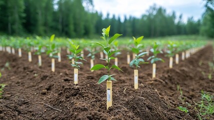 Leinwandbilder - Rows of small lush green tree saplings lined up in a reclaimed forest area highlighting the process of forest and ecological