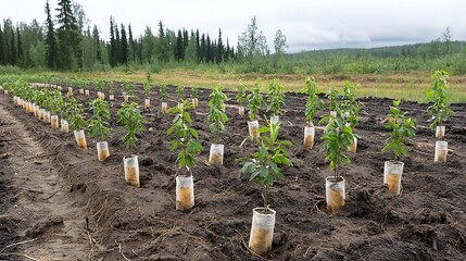 Leinwandbilder - Small tree saplings lined up in a reclaimed forest area highlighting the process of forest and environmental The image represents the concept of sustainability ecological conservation