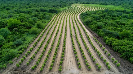 Poster - Aerial view showcasing rows of newly planted trees in a reforested area representing the hope and efforts towards environmental recovery and forest
