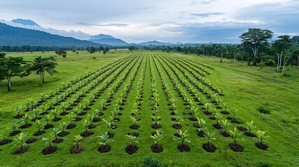 Poster - Aerial perspective of a reforested landscape showing rows of newly planted trees symbolizing hope and progress in environmental recovery and forest renewal