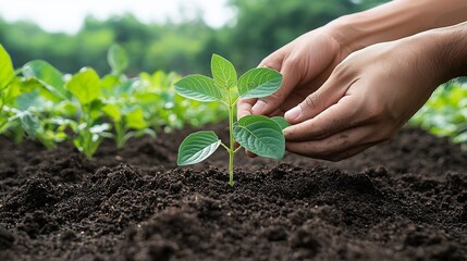 Leinwandbilder - Hands gently placing a young plant into the soil illustrating the act of restoring forest areas through replanting to promote a healthy sustainable environment