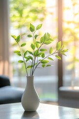 Canvas Print - Soft sunlight illuminates a vase with green leaves on a cozy living room table