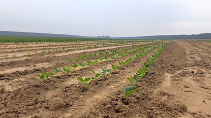 Leinwandbilder - Rows of small seedlings planted in an open field signifying the beginning of a new forest initiative aimed at replenishing the local ecosystem and promoting environmental sustainability