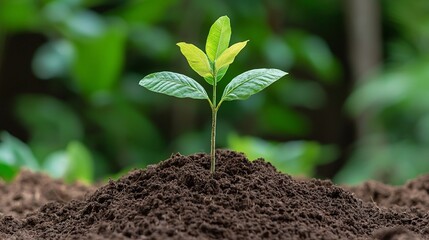 Leinwandbilder - Closeup of a young tree seedling growing in rich fertile soil during a reforestation initiative